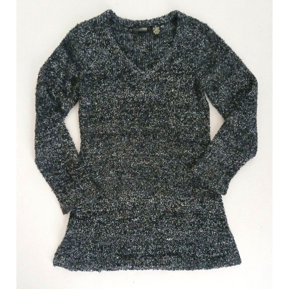Twiggy London V Neck Tunic Sweater Blk Gray Boucle Knit Silver Thread Sz XS
